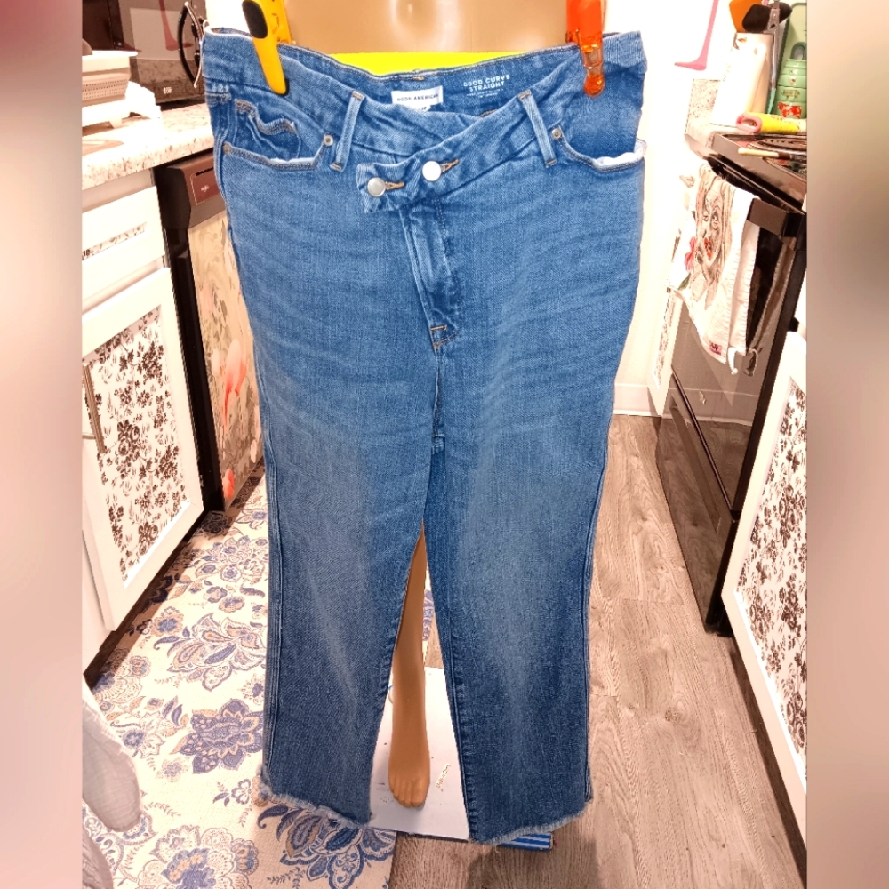 Worn Once Good American Good Curve Straight Cross Front Jeans 14 32